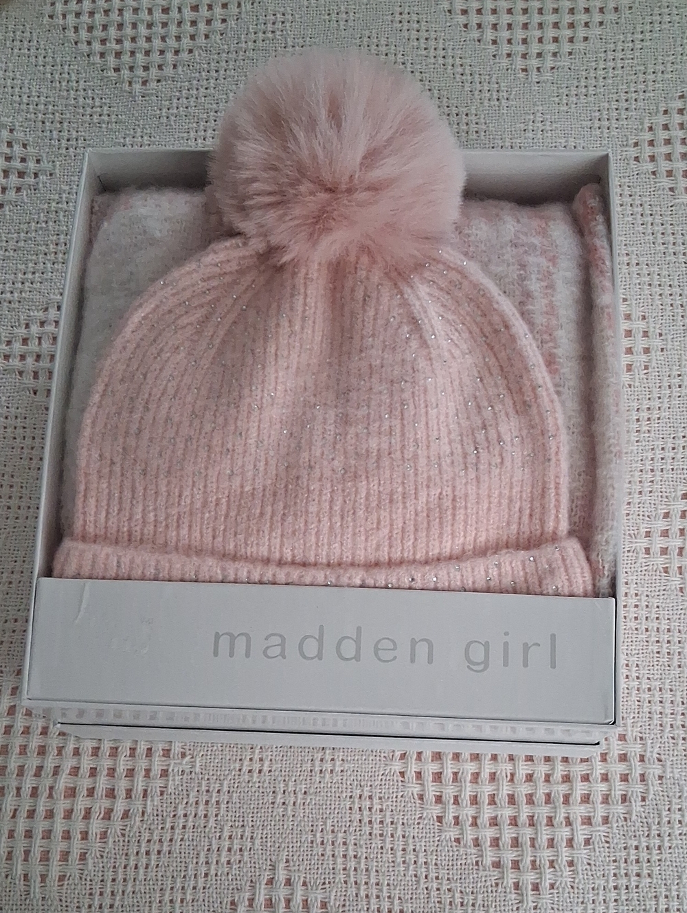 Soft Pink Women's Knit Scarf And Hat Set - Cozy Ribbed & Pom Detail